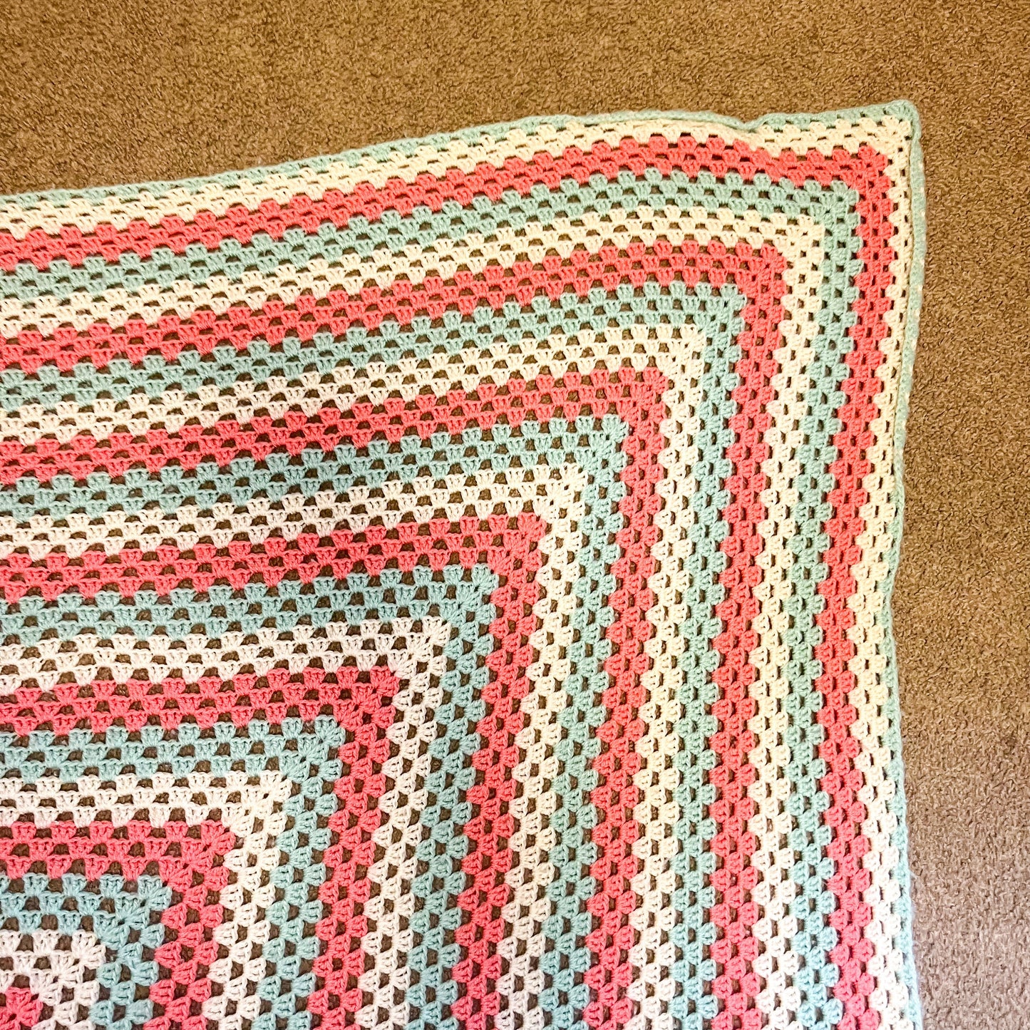 Crochet Blanket - Cream, Coral Pink & Aqua Crochet Knit Blanket