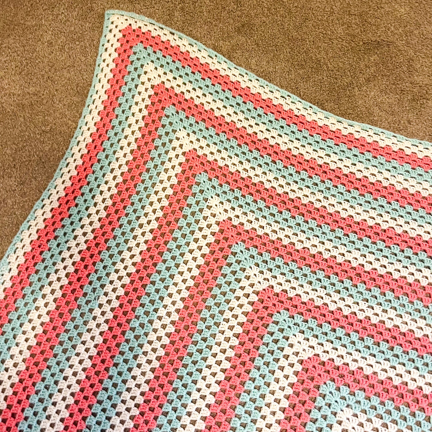 Crochet Blanket - Cream, Coral Pink & Aqua Crochet Knit Blanket