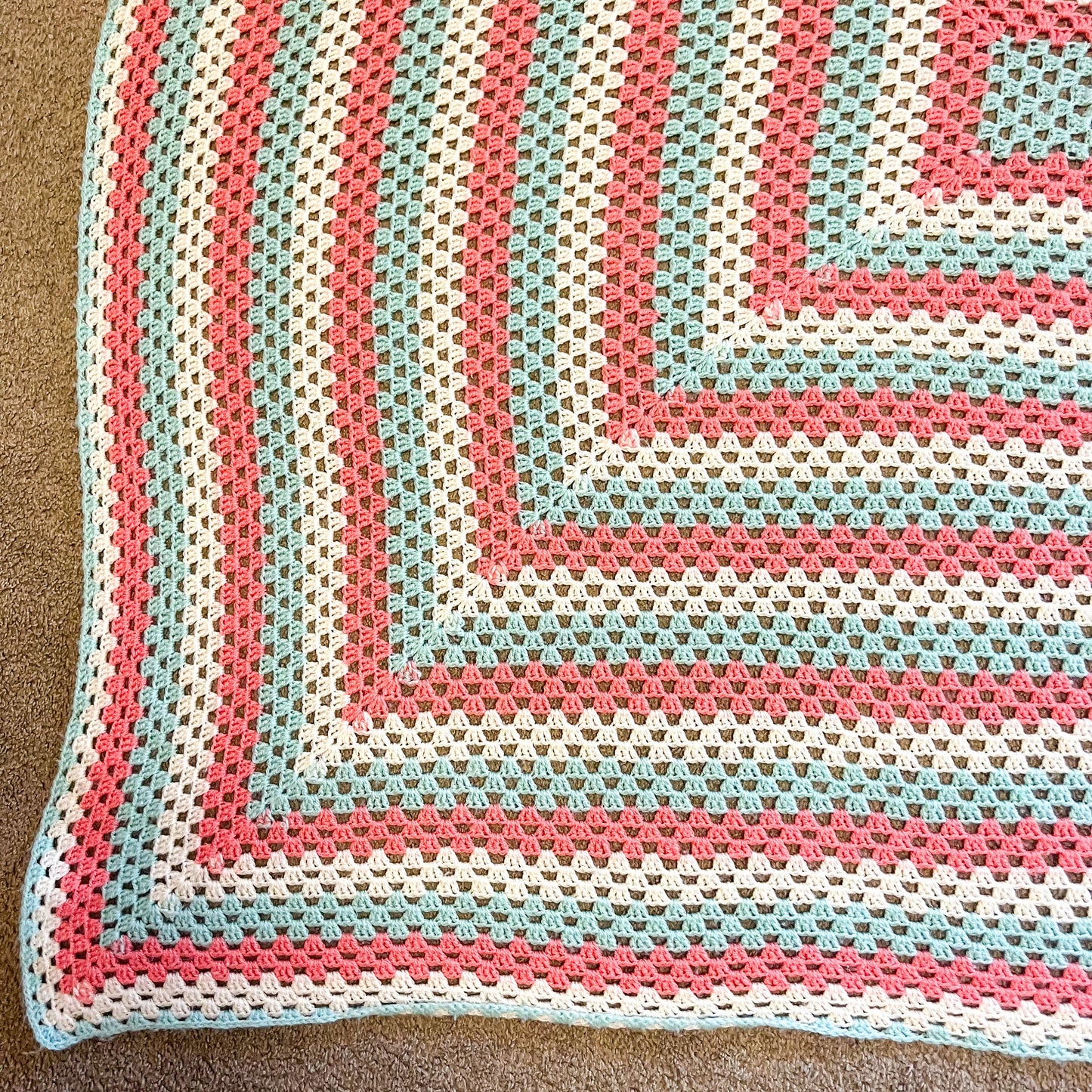 Crochet Blanket - Cream, Coral Pink & Aqua Crochet Knit Blanket