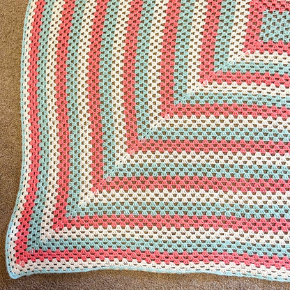 Crochet Blanket - Cream, Coral Pink & Aqua Crochet Knit Blanket