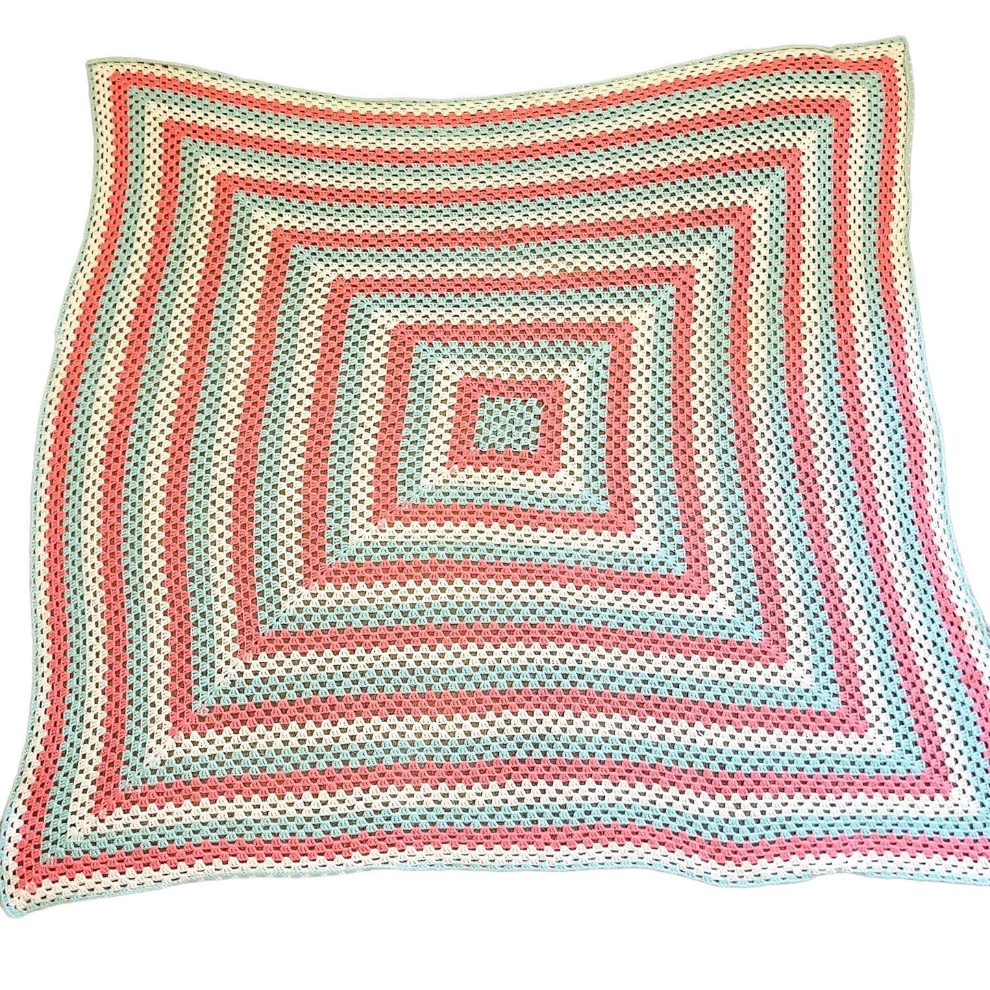 Crochet Blanket - Cream, Coral Pink & Aqua Crochet Knit Blanket