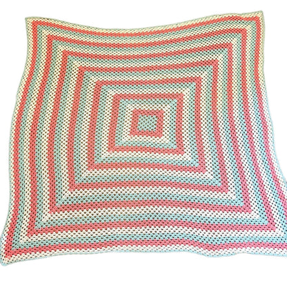 Crochet Blanket - Cream, Coral Pink & Aqua Crochet Knit Blanket