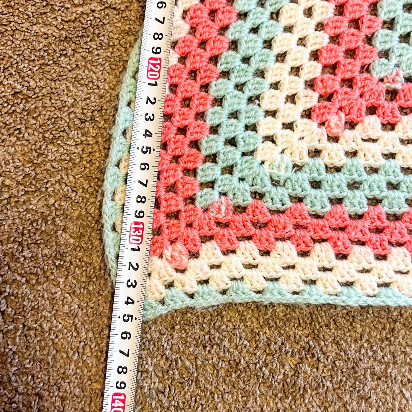 Crochet Blanket - Cream, Coral Pink & Aqua Crochet Knit Blanket