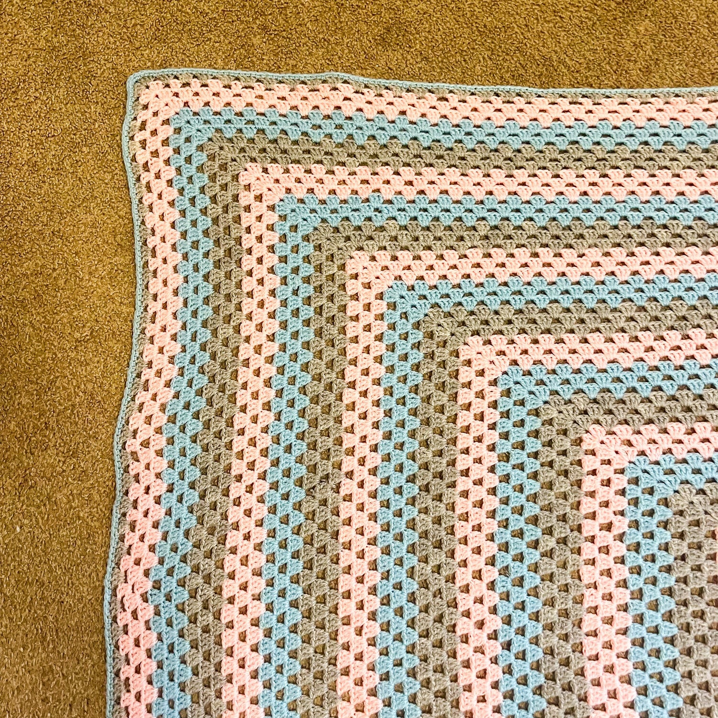 Pink, Blue & Grey Crochet Knit Blanket