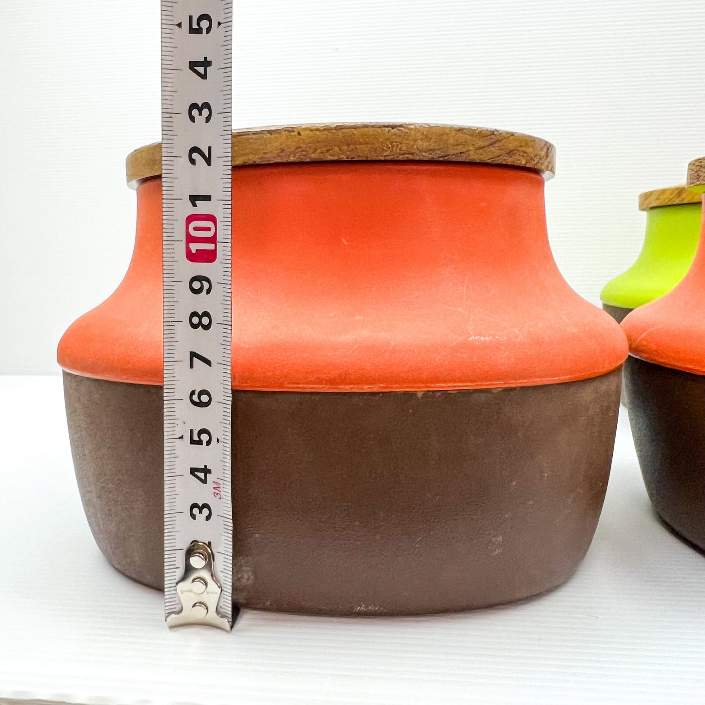 Retro Orange, Green and Brown Plastic Storage Canisters with suction wood look lids - NX Plastics Made in Australia