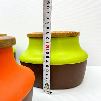 Retro Orange, Green and Brown Plastic Storage Canisters with suction wood look lids - NX Plastics Made in Australia