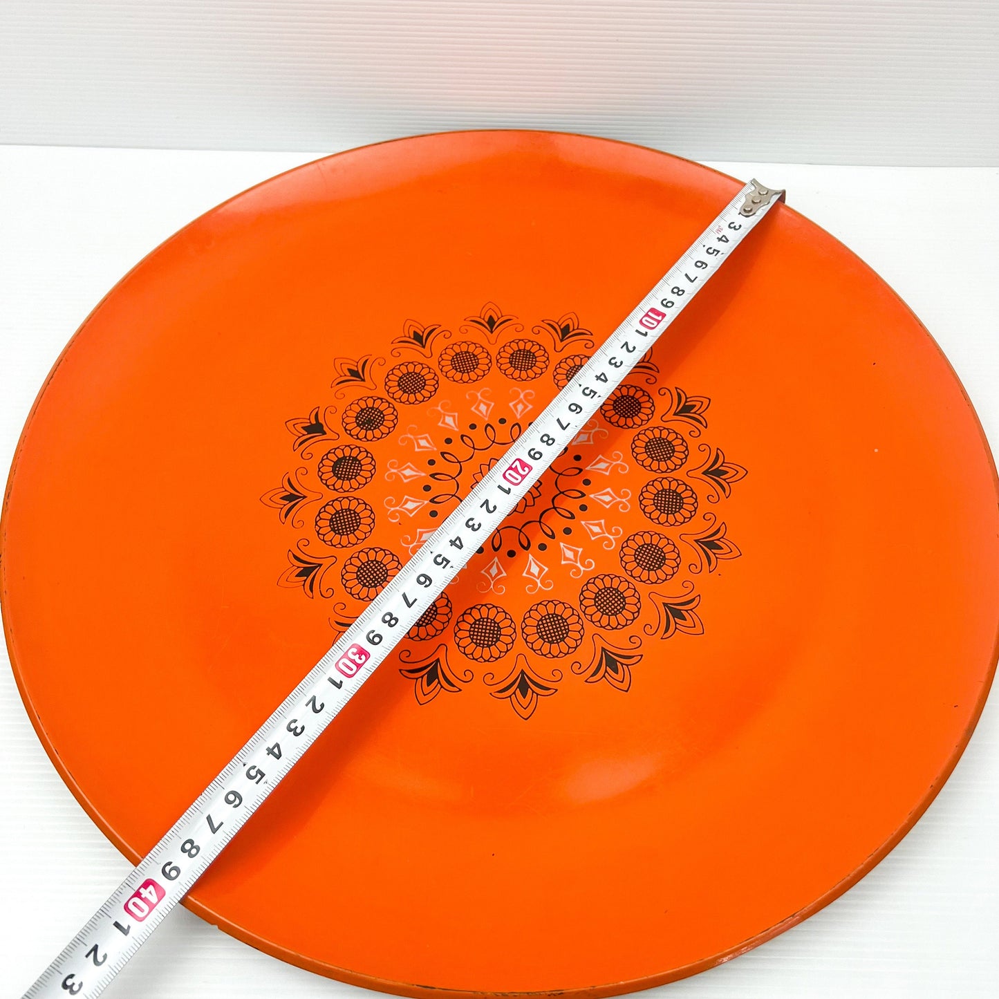 Retro Orange Large Round Plastic Serving Tray with Black Retro Pattern 39.5cm Diameter