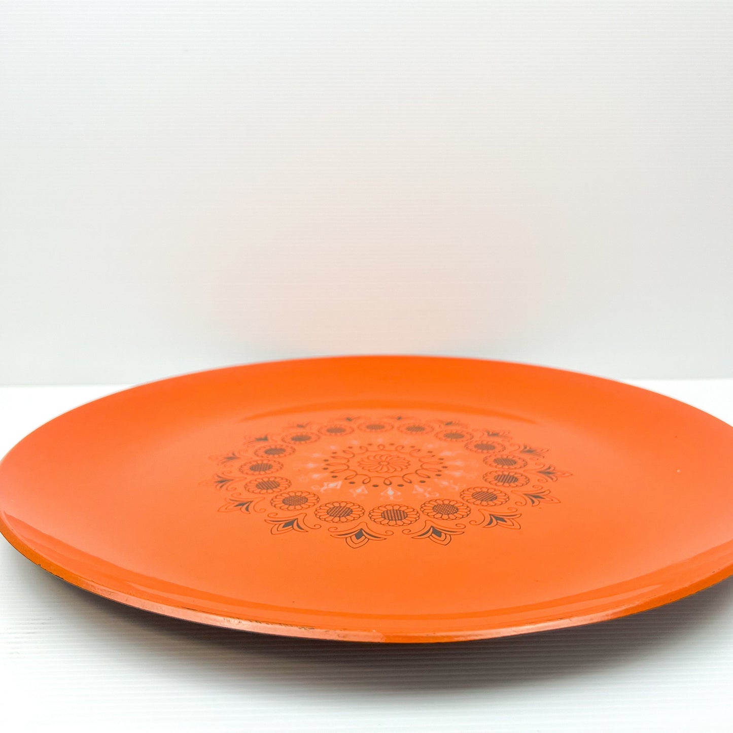 Retro Orange Large Round Plastic Serving Tray with Black Retro Pattern 39.5cm Diameter
