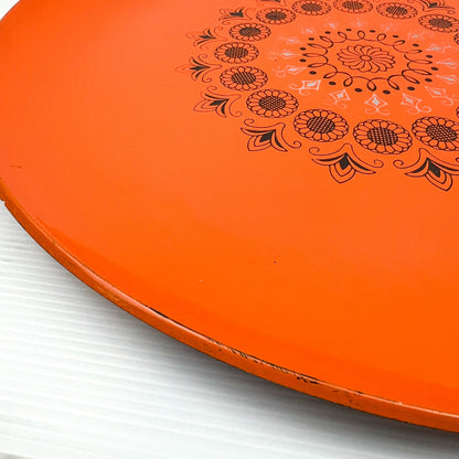 Retro Orange Large Round Plastic Serving Tray with Black Retro Pattern 39.5cm Diameter