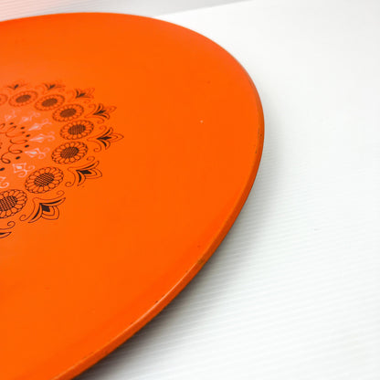 Retro Orange Large Round Plastic Serving Tray with Black Retro Pattern 39.5cm Diameter