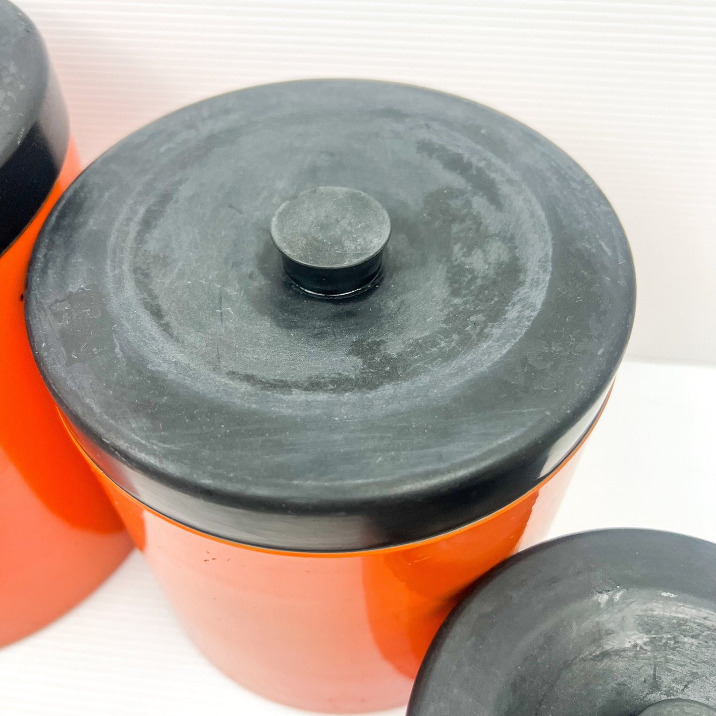 Retro Orange and Black Plastic Round Cyclinder Canister Set