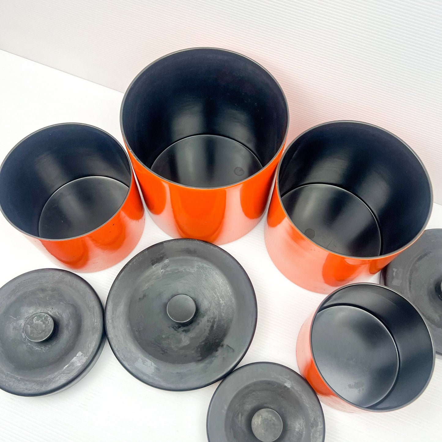 Retro Orange and Black Plastic Round Cyclinder Canister Set