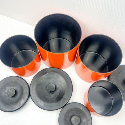 Retro Orange and Black Plastic Round Cyclinder Canister Set