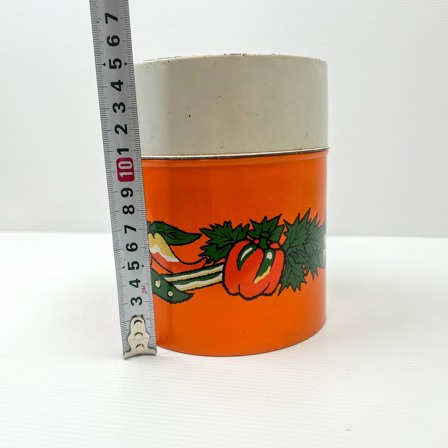 Retro Orange Metal Storage Tin with vegetable artwork