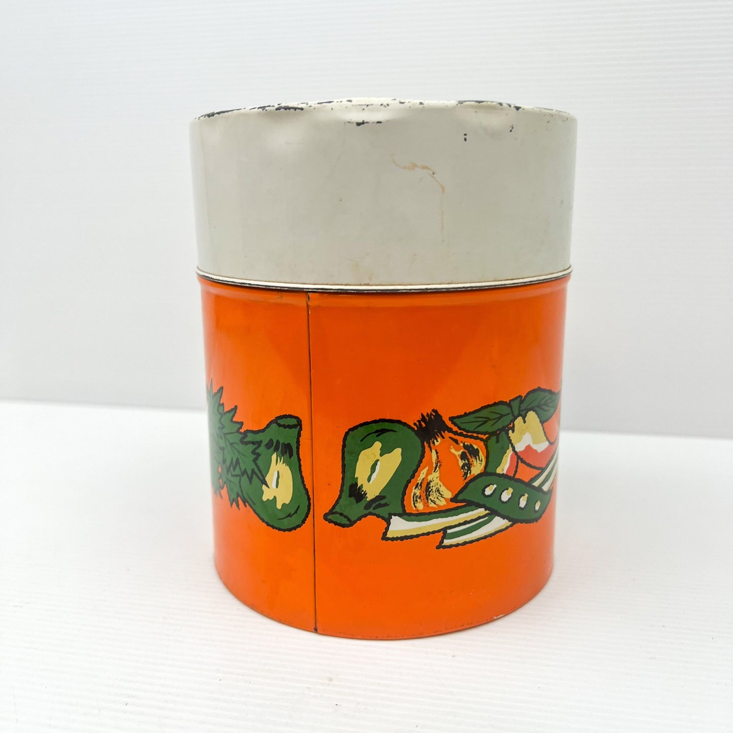 Retro Orange Metal Storage Tin with vegetable artwork