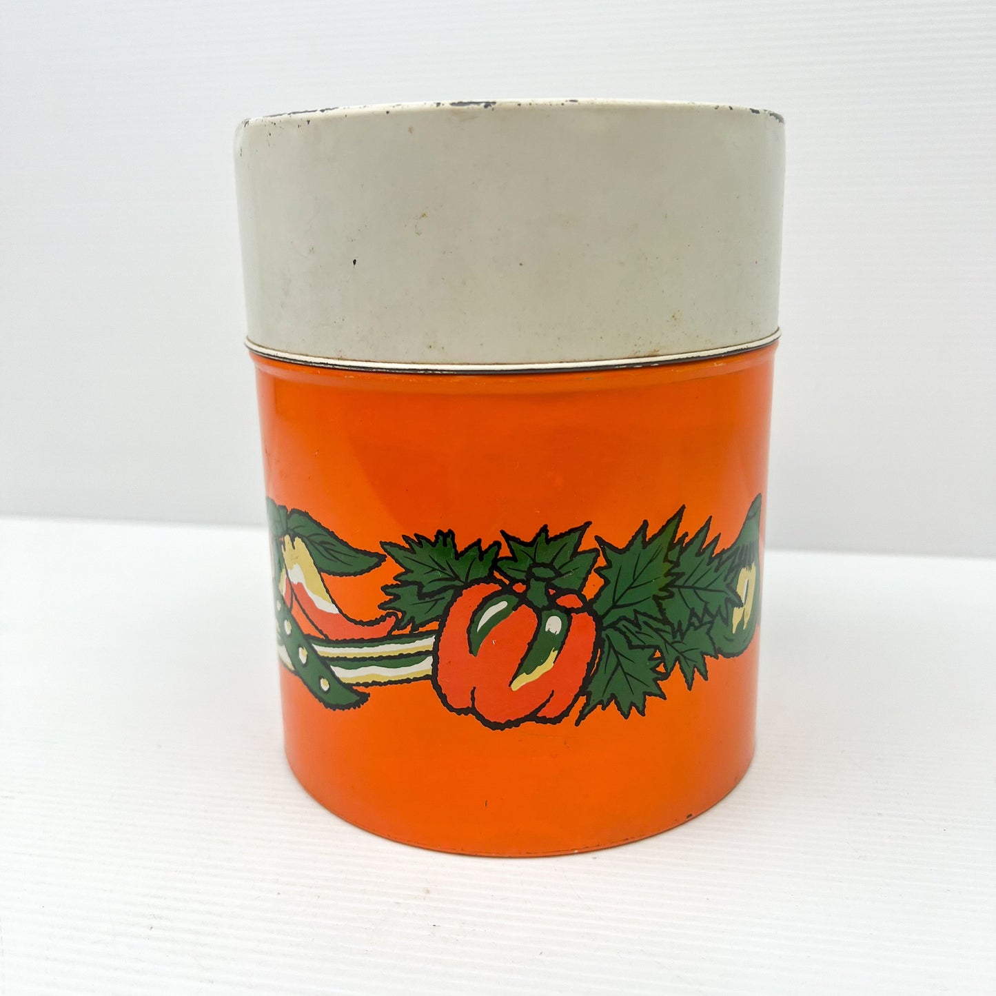 Retro Orange Metal Storage Tin with vegetable artwork