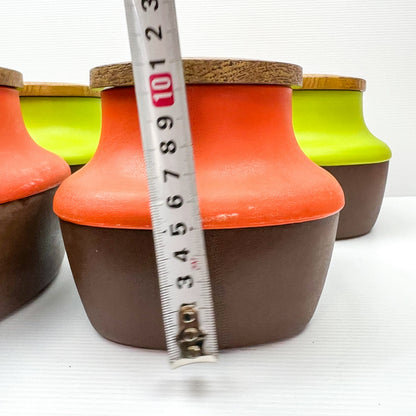 Retro Orange, Green and Brown Plastic Storage Canisters with suction wood look lids - NX Plastics Made in Australia