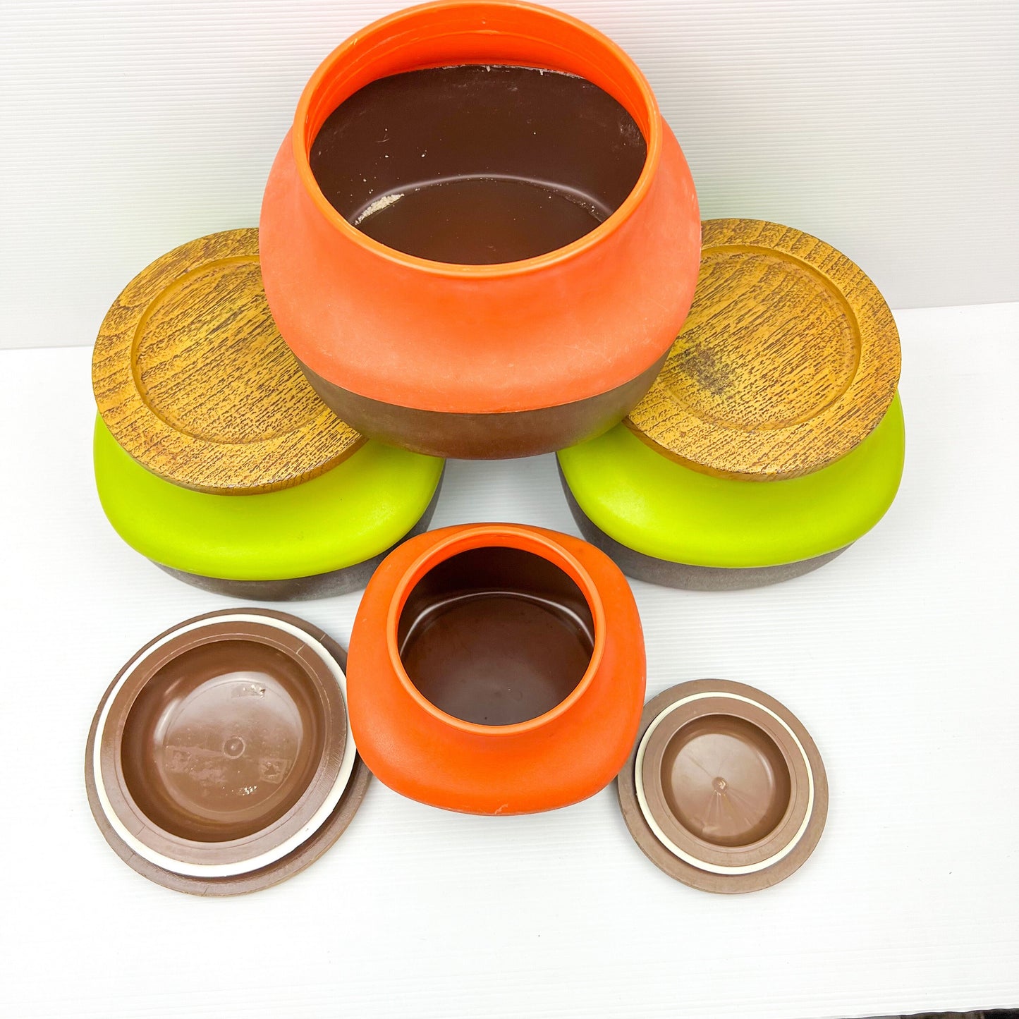 Retro Orange, Green and Brown Plastic Storage Canisters with suction wood look lids - NX Plastics Made in Australia