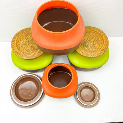 Retro Orange, Green and Brown Plastic Storage Canisters with suction wood look lids - NX Plastics Made in Australia