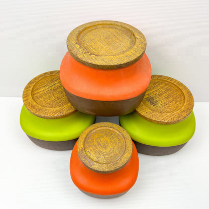 Retro Orange, Green and Brown Plastic Storage Canisters with suction wood look lids - NX Plastics Made in Australia
