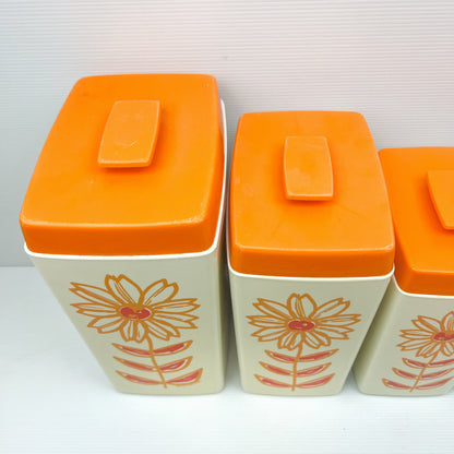 Vintage Nylex Orange Flower Plastic Kitchen Canister Set of 5 - Made in Australia