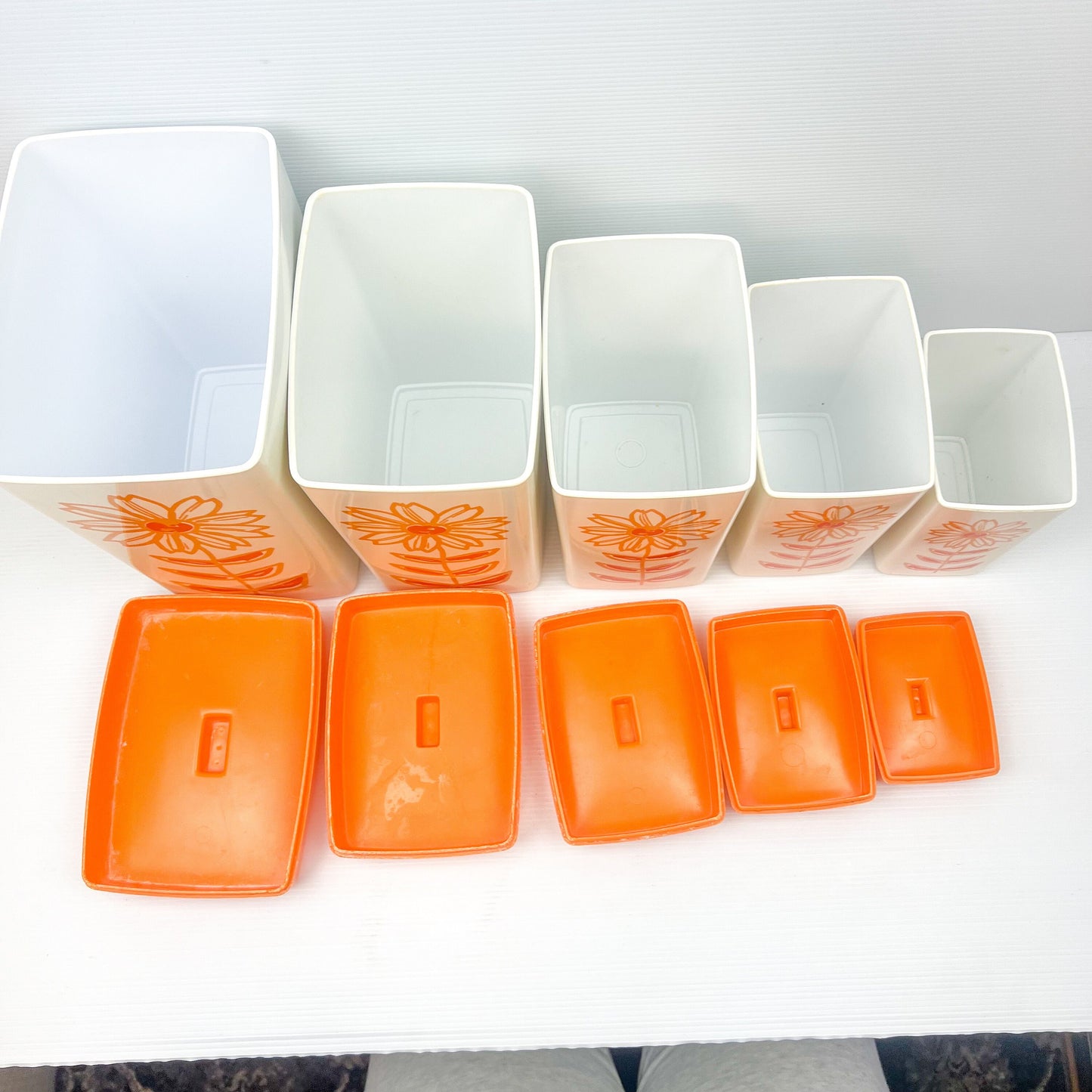 Vintage Nylex Orange Flower Plastic Kitchen Canister Set of 5 - Made in Australia