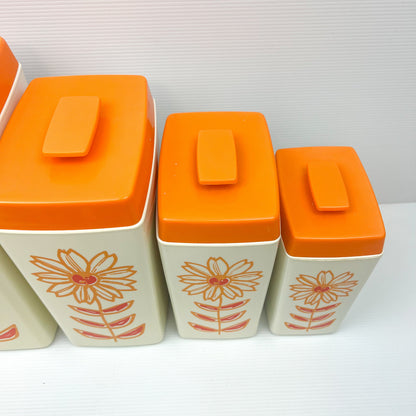 Vintage Nylex Orange Flower Plastic Kitchen Canister Set of 5 - Made in Australia