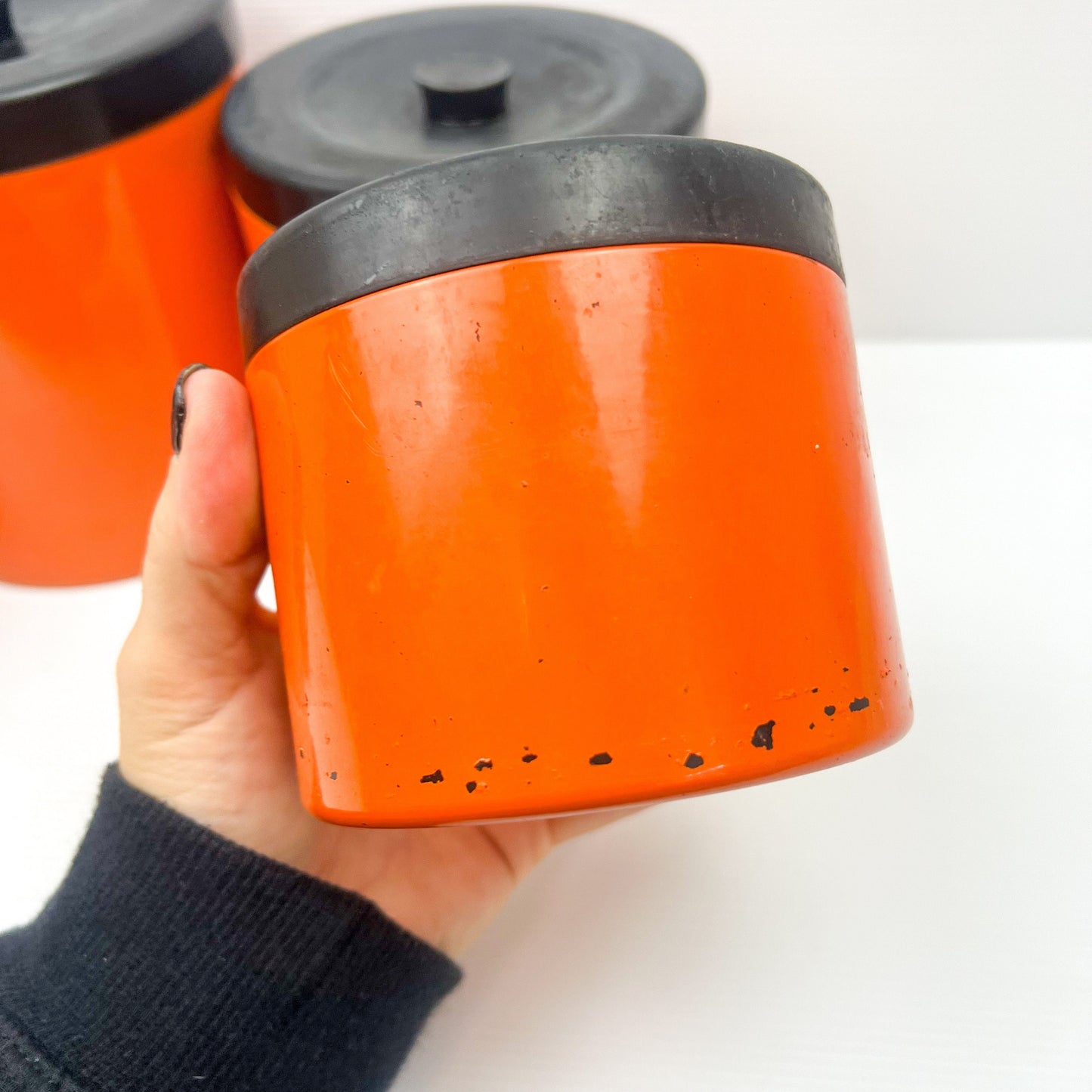 Retro Orange and Black Plastic Round Cyclinder Canister Set