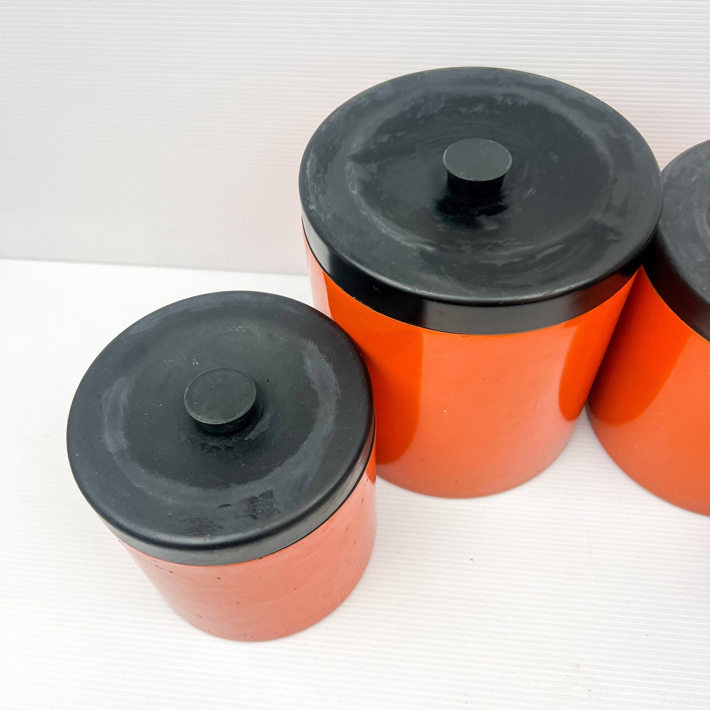 Retro Orange and Black Plastic Round Cyclinder Canister Set