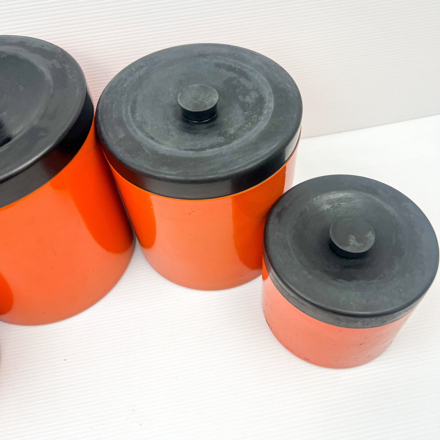 Retro Orange and Black Plastic Round Cyclinder Canister Set