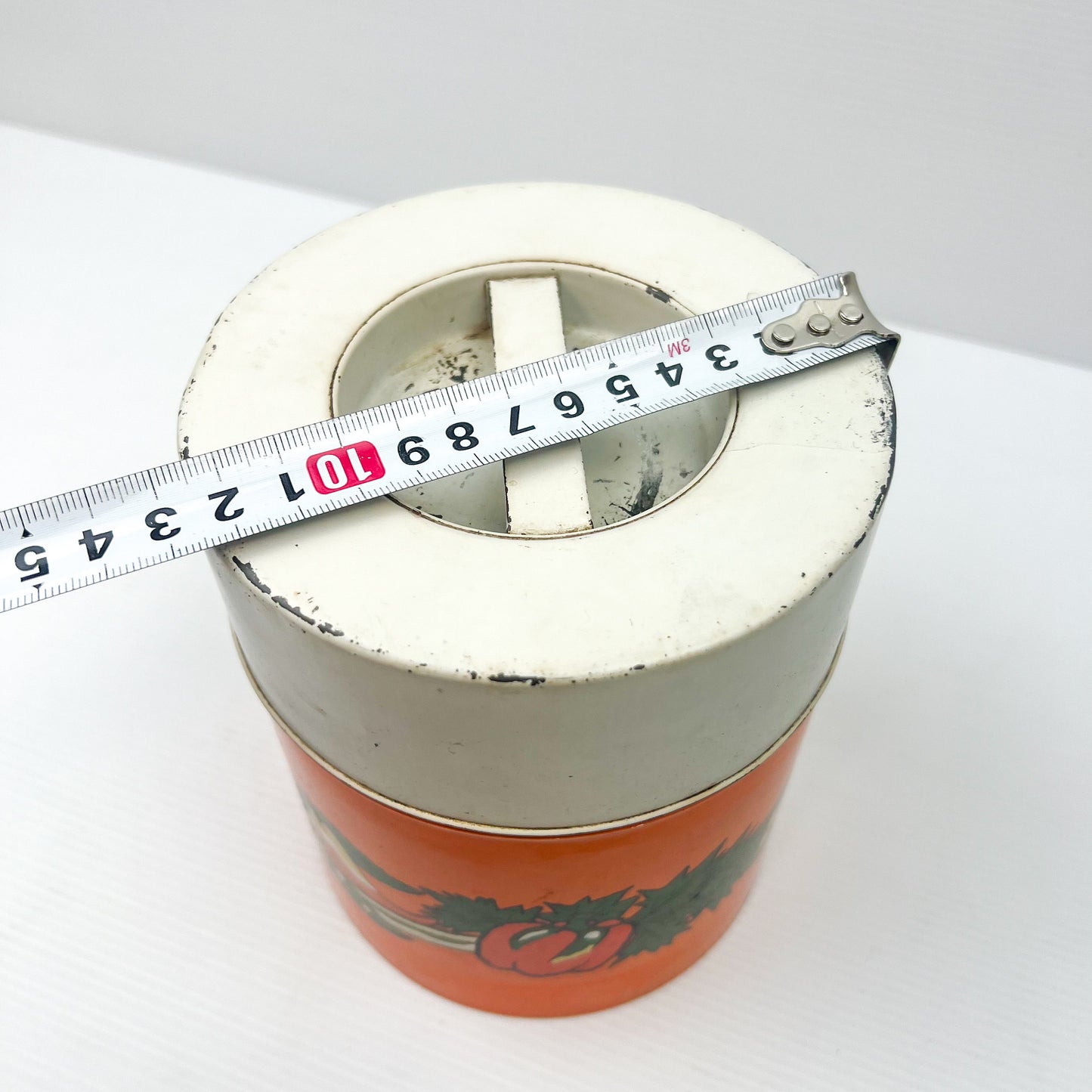 Retro Orange Metal Storage Tin with vegetable artwork