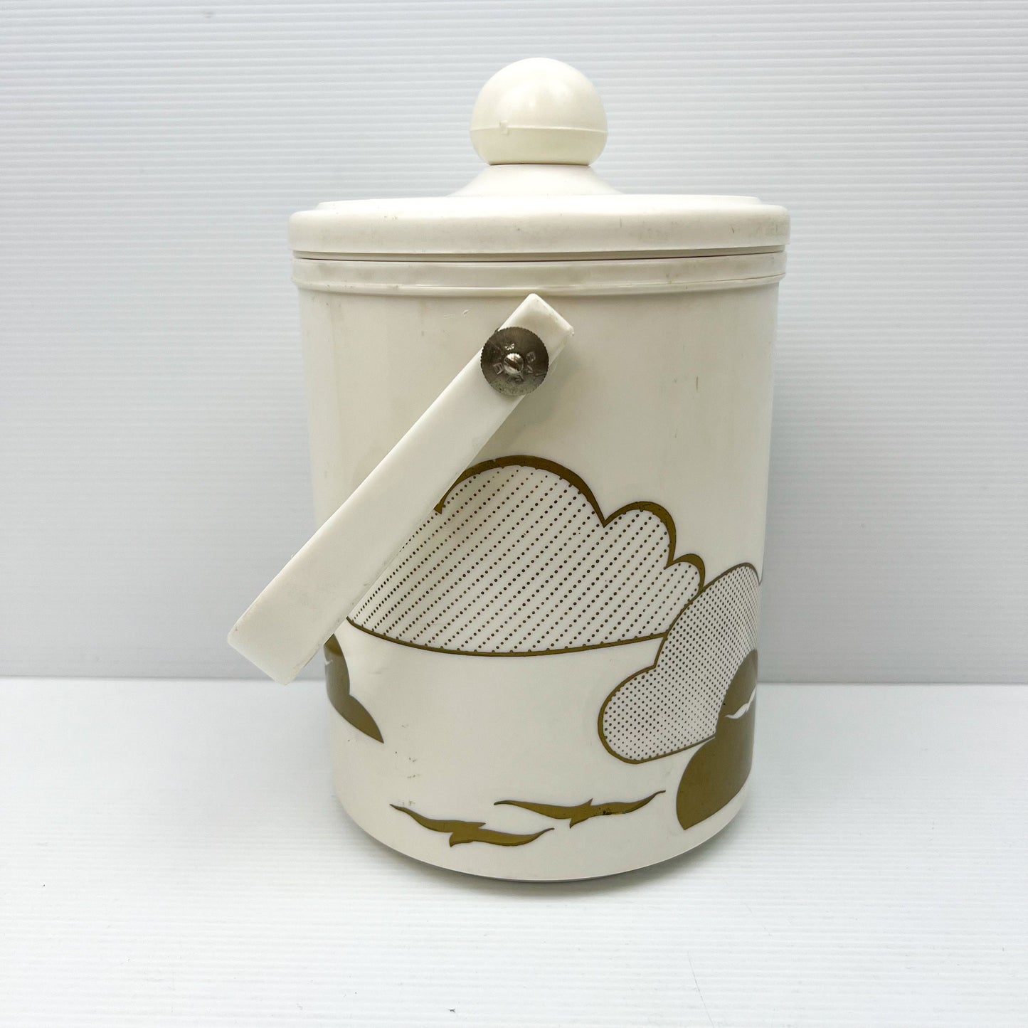 White and Gold Plastic Icd Bucket with clouds and birds artwork