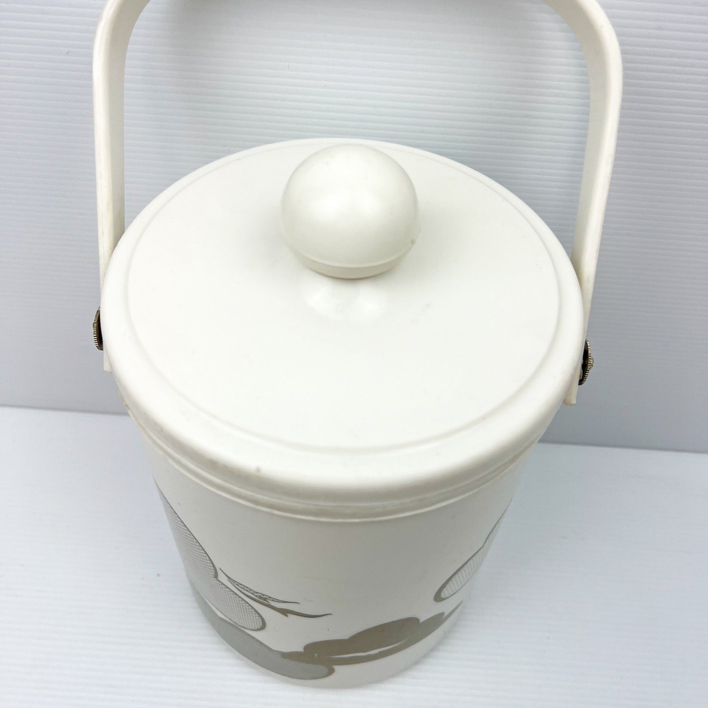 White and Gold Plastic Icd Bucket with clouds and birds artwork