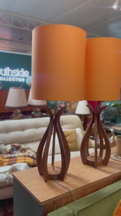 Pair of Mid-Century Teak Sculptural Lamps with Orange shades – Modeline